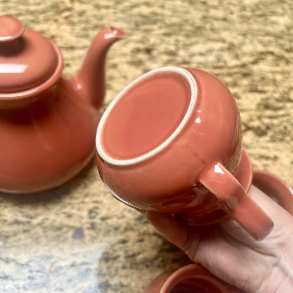 Vintage Terracotta Ceramic Teapot and 4 Mug Tea Set Glossy Coral‎ Rust